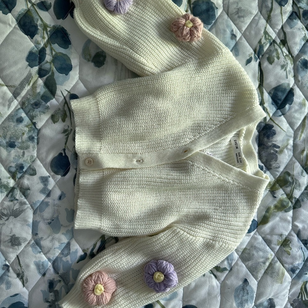 SHEIN Cream and Purple Cardigan with HAND MADE Pom-Pom Details